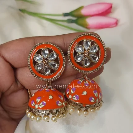 Orange color kundan studded circlular jumkha
