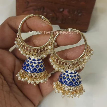 Flower patterned balli jumkha in dark blue