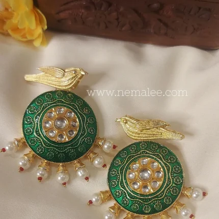 Panchi-meenakari earrings in dark green