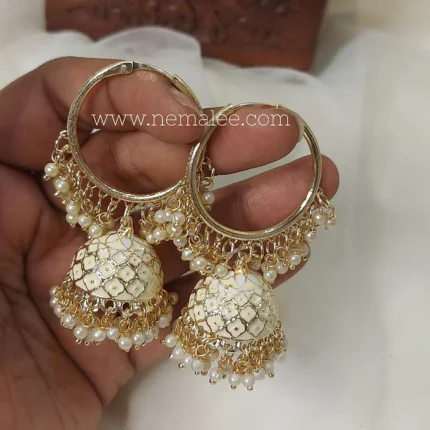 Flower patterned balli jumkha in Half white