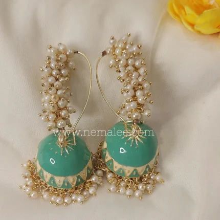 Pearl hooks high quality meenakari jumkha in pastel green
