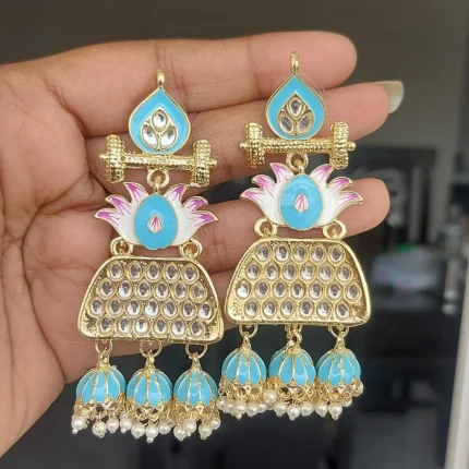 Noor-premium quality meenakari and kundan three jumkha earrings