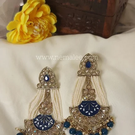 Polki studded pearl chandbalis in dark blue