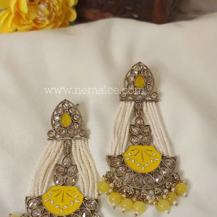 Polki studded pearl chandbalis in yellow