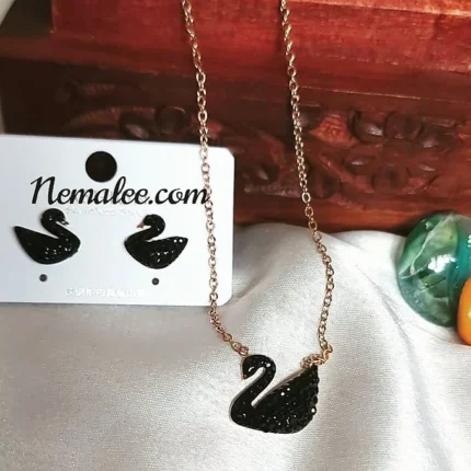 Swarovski black stone studed swan stainless steel chain with earrings