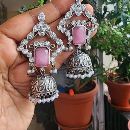 Tripura- stone studded silverlookalike jumkhas