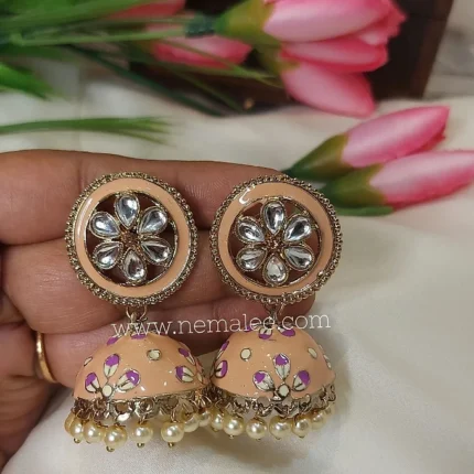 Peach color kundan studded circlular jumkha