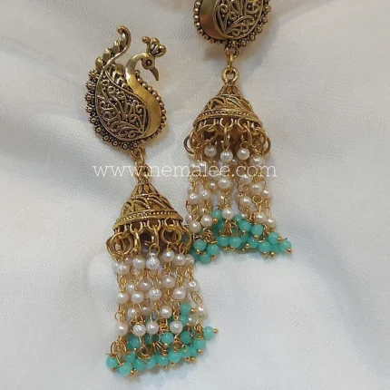 Peacock antique jalar jumkha in mint green
