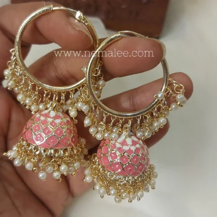 Flower patterned balli jumkha in pastel pink