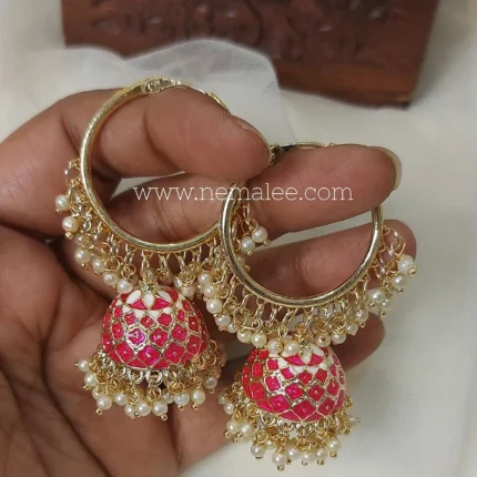 Flower patterned balli jumkha in rani pink