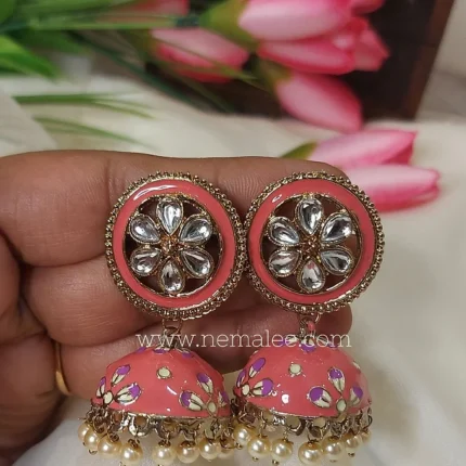 Pastel pink color kundan studded circlular jumkha