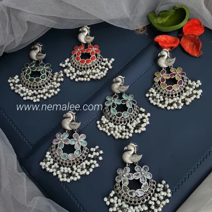 Mayur pankh -premium brass silver lookalike stone studded earrings