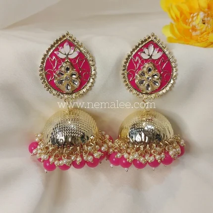 Almond stud jumkbo jumkha in rani pink