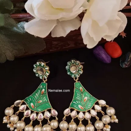 Green hand painted meenakari with kundans and pearls