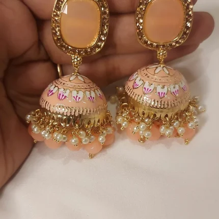 Light weight oil paint meenakari jumkha in peach