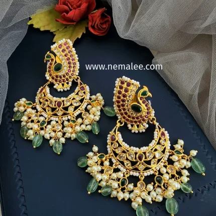 Hamsa - kemp and ad stone studded premium gold plated chandbalis