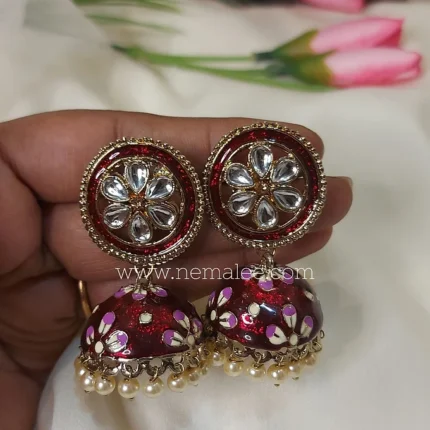 Maroon color kundan studded circlular jumkha