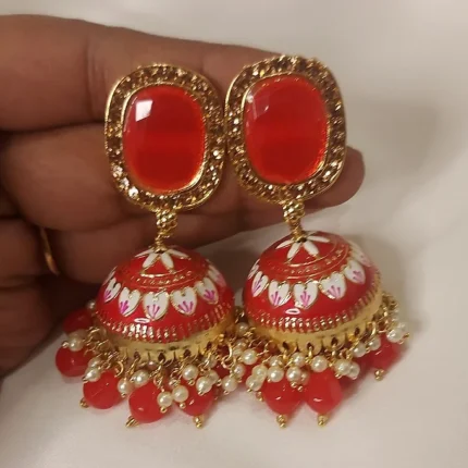 Light weight oil paint meenakari jumkha in red