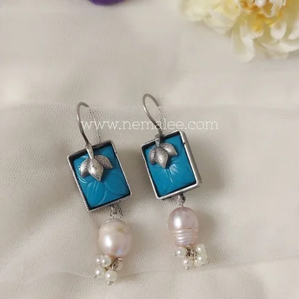 Turquoise blue Carving stone silver look alike hooks with shell pearl