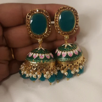 Light weight oil paint meenakari jumkha in dark green