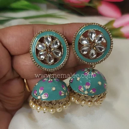 Turquoise blue color kundan studded circlular jumkha