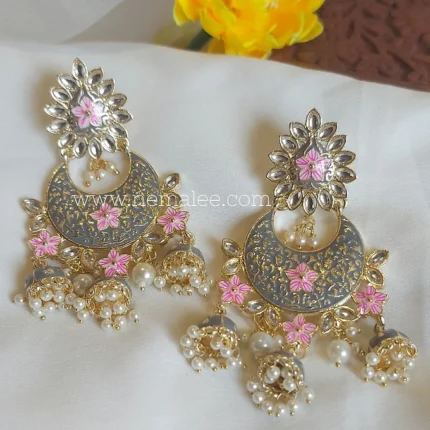 Pushpa-tri jumkha premium chandbalis in grey