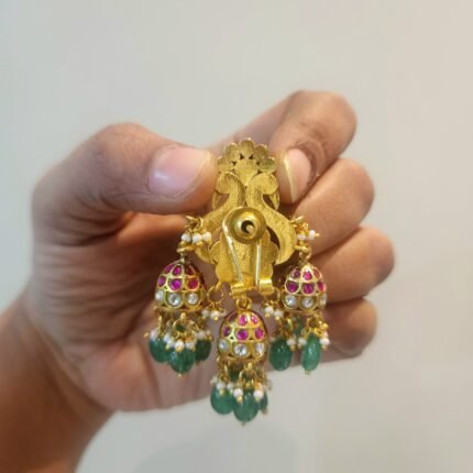 Dual peacock motifs three layered jadau jumkha